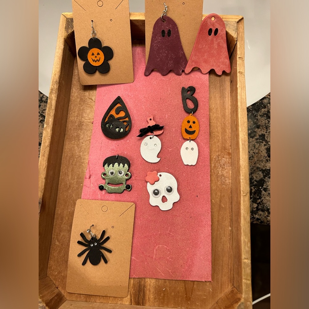 Handmade recycled leather earrings for Halloween